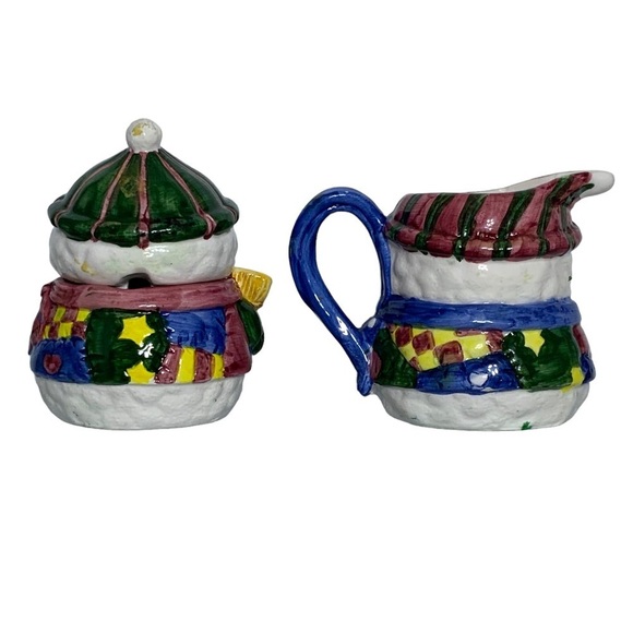 Vintage Snowman Cream Pitcher Sugar Bowl Set Artisan Ceramic Winter Christmas - Picture 5 of 16